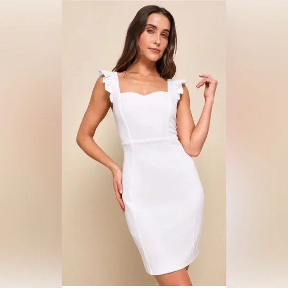 Lulus | Dresses | Nwot Lulus Miriam White Ruffled Bodycon Dress Cocktail  Wedding Bride Classic M | Poshmark